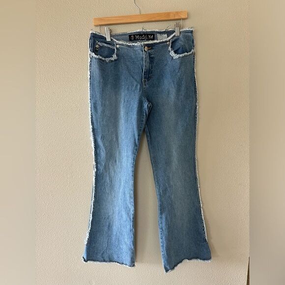 Mudd Yo! Vintage Y2K Mid Rise Raw Fringe Trim Stretch Flare Jeans Juniors 13 - Picture 1 of 10